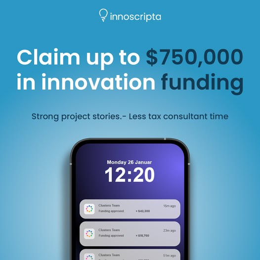 Ad creative: Claim up to $750,000 in innovation funding, with a phone mockup of approved claims