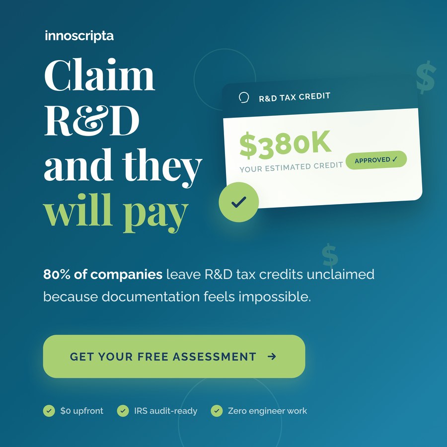 Ad creative: Claim R&D and they will pay, showing a $380K estimated credit marked APPROVED