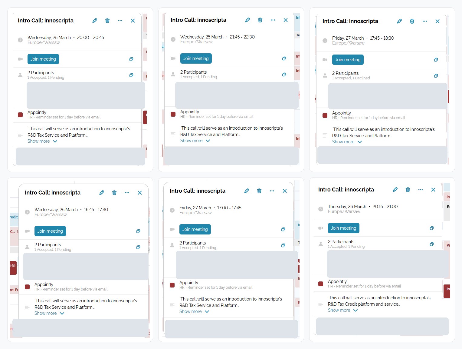 Booked intro calls in the sales team's calendar, each showing date, time, two participants and the call agenda